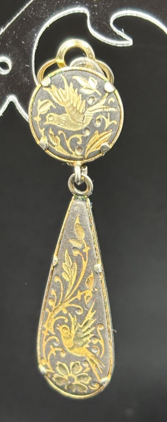 1970s spanish damascene gold and black floral bird dangle clip on earrings