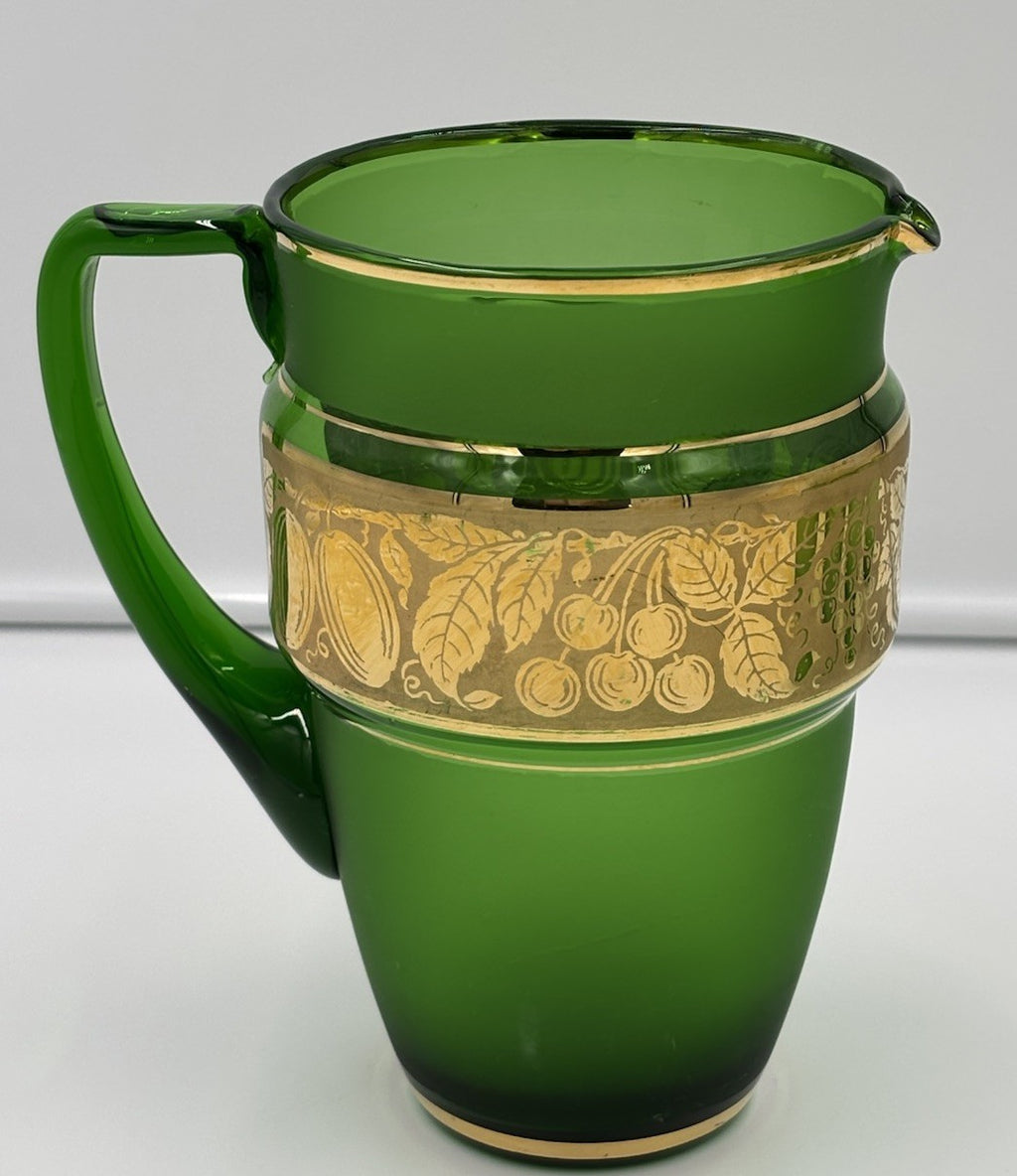 Vintage 1950s Bohemian Green Glass Pitcher & Tumbler Set Gold Fruit Band 5pc
