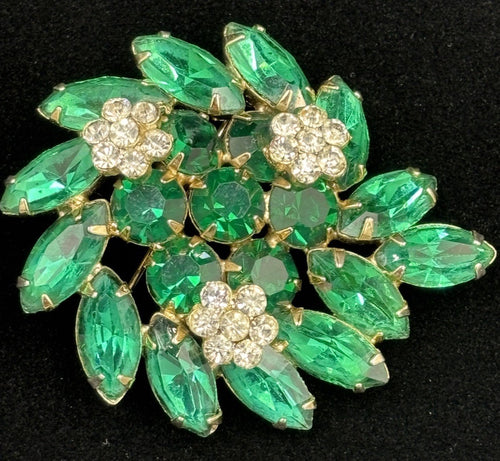 Vintage Weiss Green Rhinestone Brooch Signed Floral Cluster 1950s Jewelry