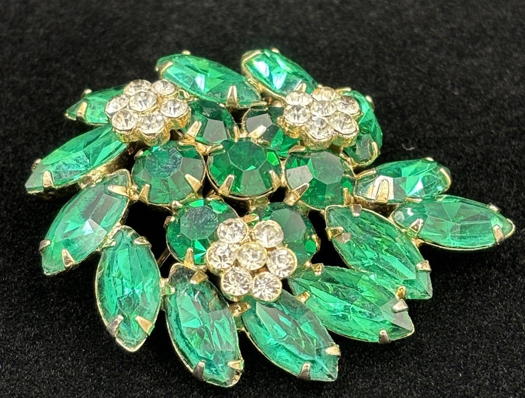 Vintage Weiss Green Rhinestone Brooch Signed Floral Cluster 1950s Jewelry