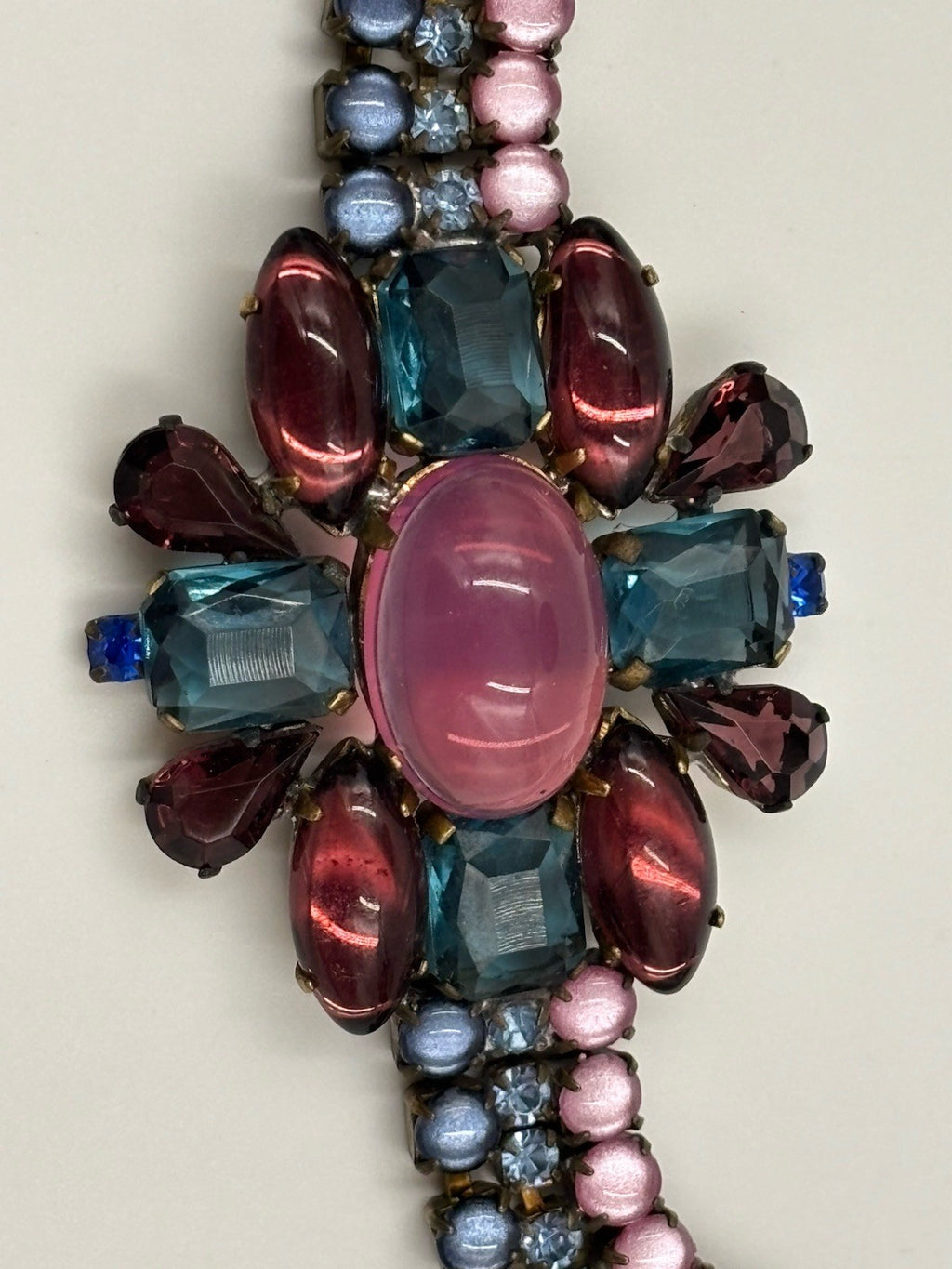 Husár D Pink Cabochon Aqua Garnet Rhinestone Bracelet Signed Czech Glass Rare