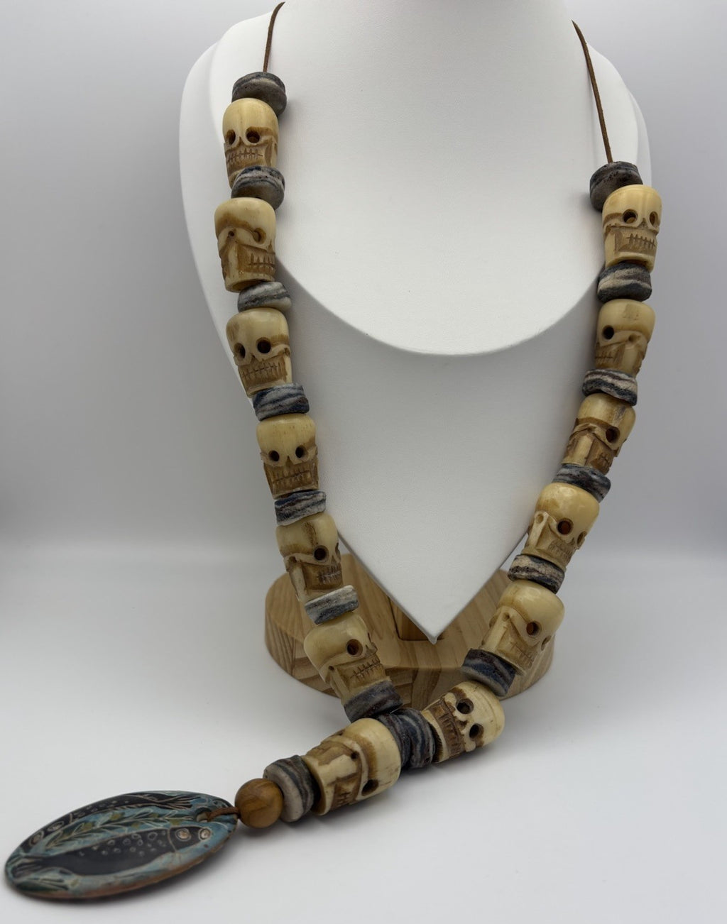 Antique Attributed Tibetan Style Skull Mala Necklace Carved Bone