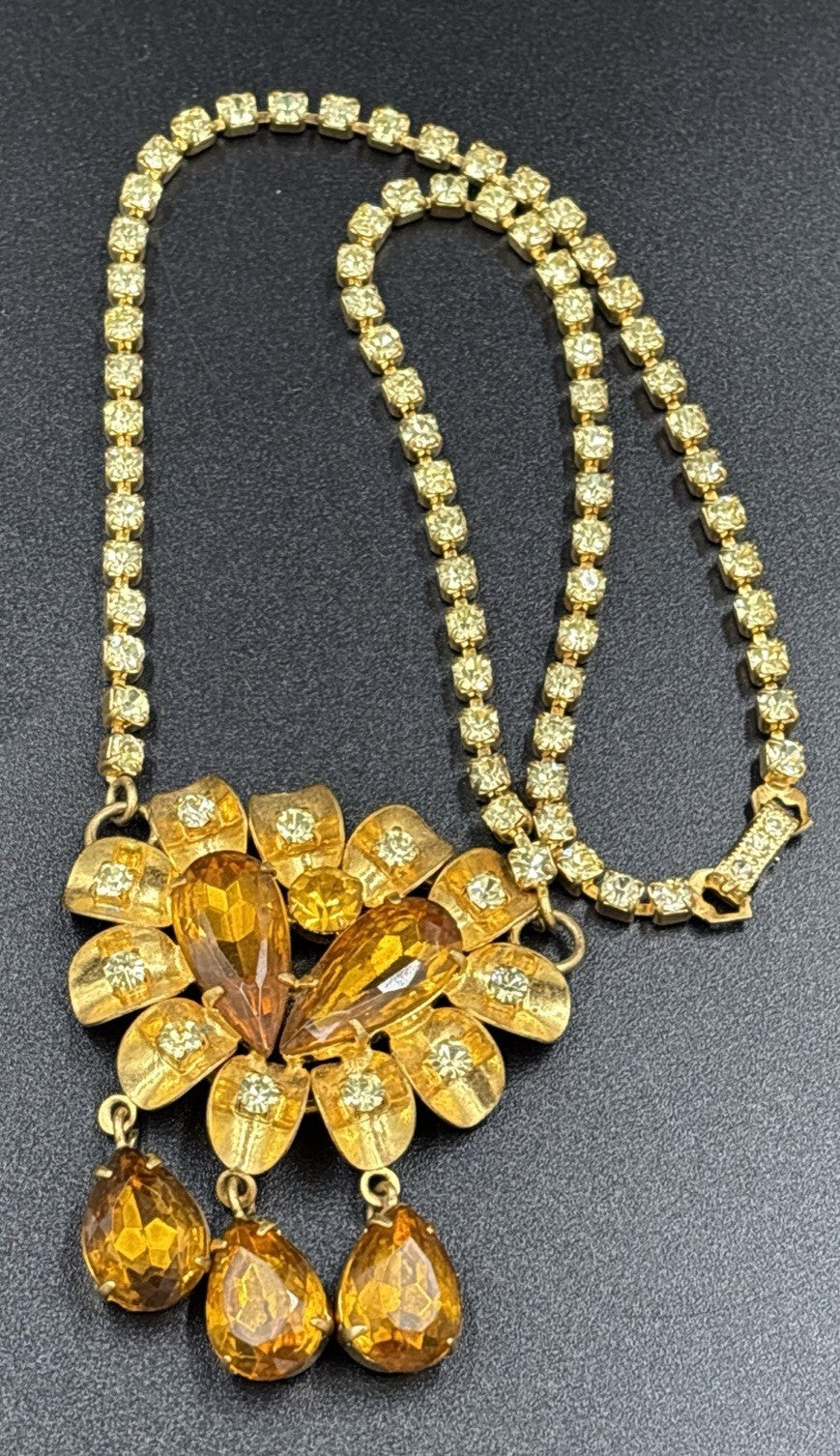Vintage Amber Glass Rhinestone Necklace Gold Tone Mid Century Statement Jewelry