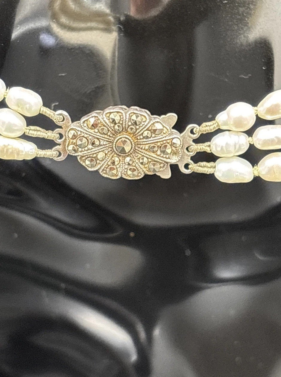 Vintage Baroque Pearl Necklace Bracelet Set 3 Strand Sterling Clasp