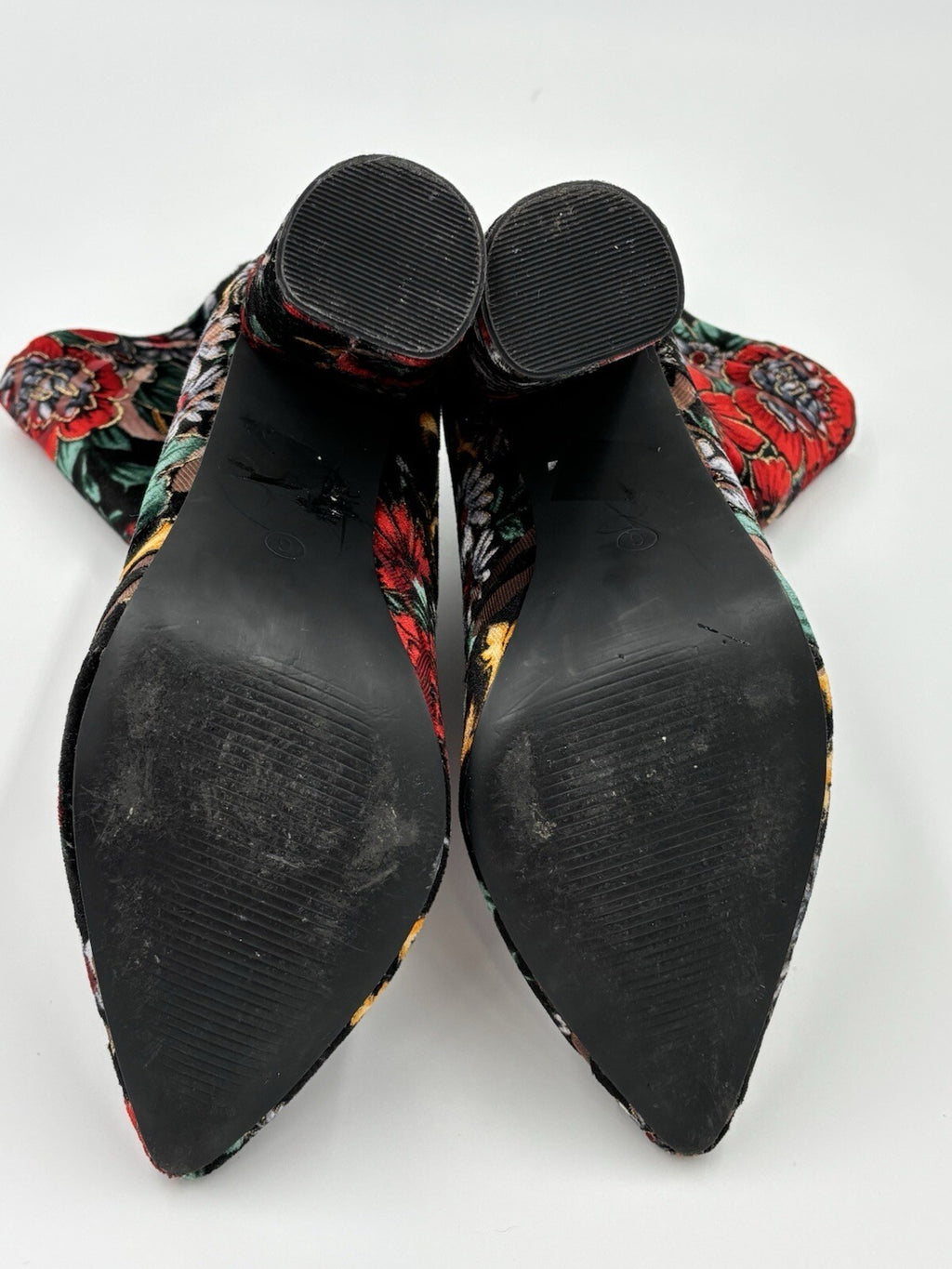 Public Desire Floral Velvet Ankle Boots AU 6 Black Red Gold Block Heel Zip