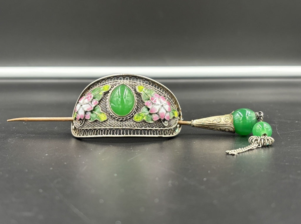 Vintage Chinese Filigree Enamel Hairpin Green Peking Glass Cabochon Beads