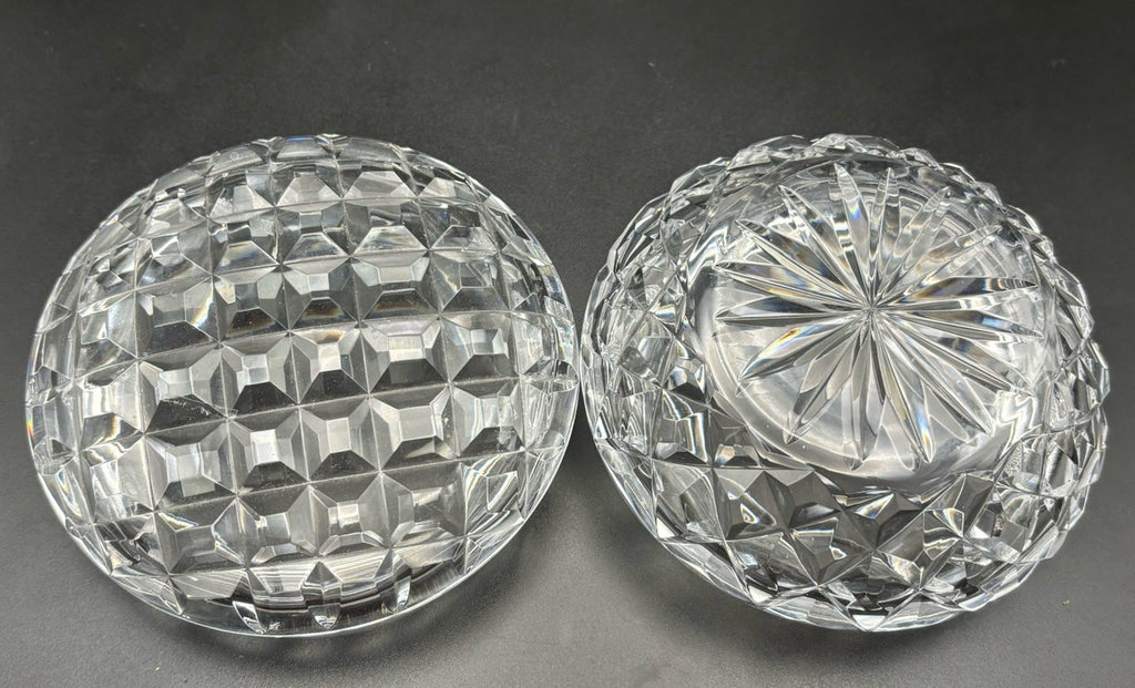 Vintage Heavy Cut Crystal Trinket Box Starburst Base Vanity Dresser Box