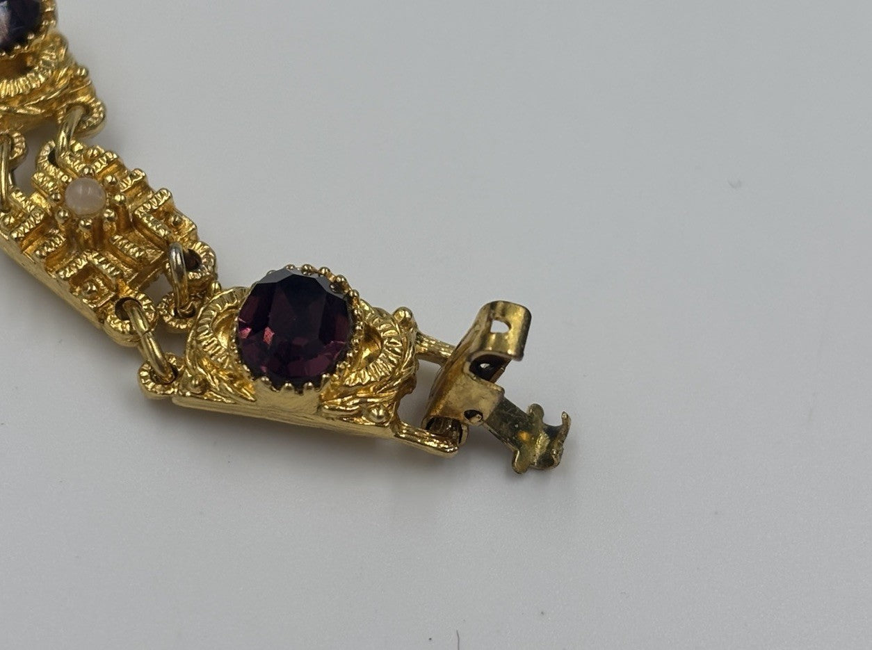 Vintage Gold Tone Panel Bracelet Garnet Style Stones Artisan 19cm
