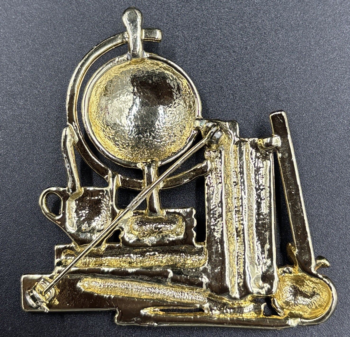 Vintage Brooch Pin Teacher Globe Apple Books Gold Tone Ajc Ruler Pencil Brooch