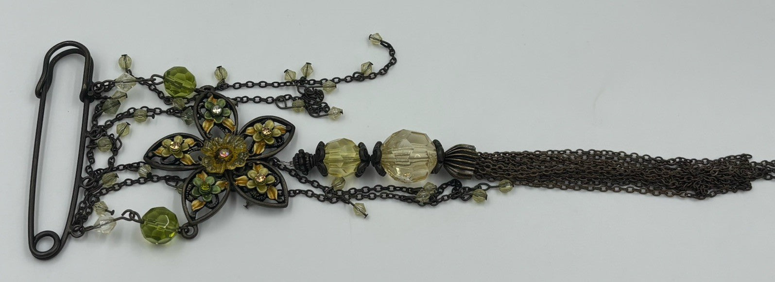 Vintage Style Art Nouveau Floral Dangle Brooch Enamel Glass Beads Statement Pin