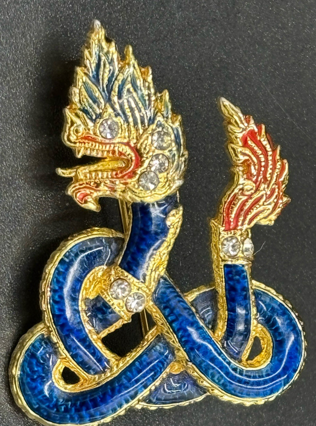 Vintage Thai Naga Serpent Brooch Blue Enamel Dragon Rhinestone Pin