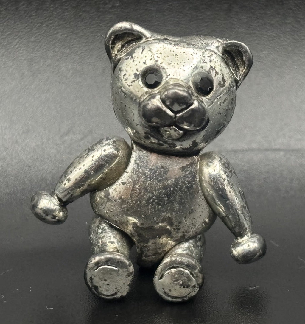 Vintage Articulated Teddy Bear Brooch Silver Tone Movable Limbs Retro Pin