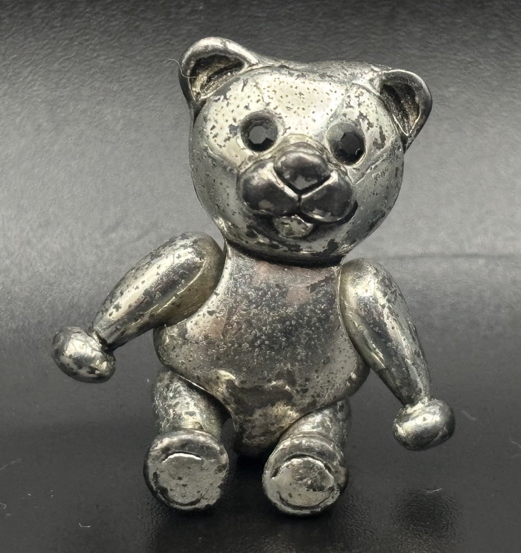 Vintage Articulated Teddy Bear Brooch Silver Tone Movable Limbs Retro Pin