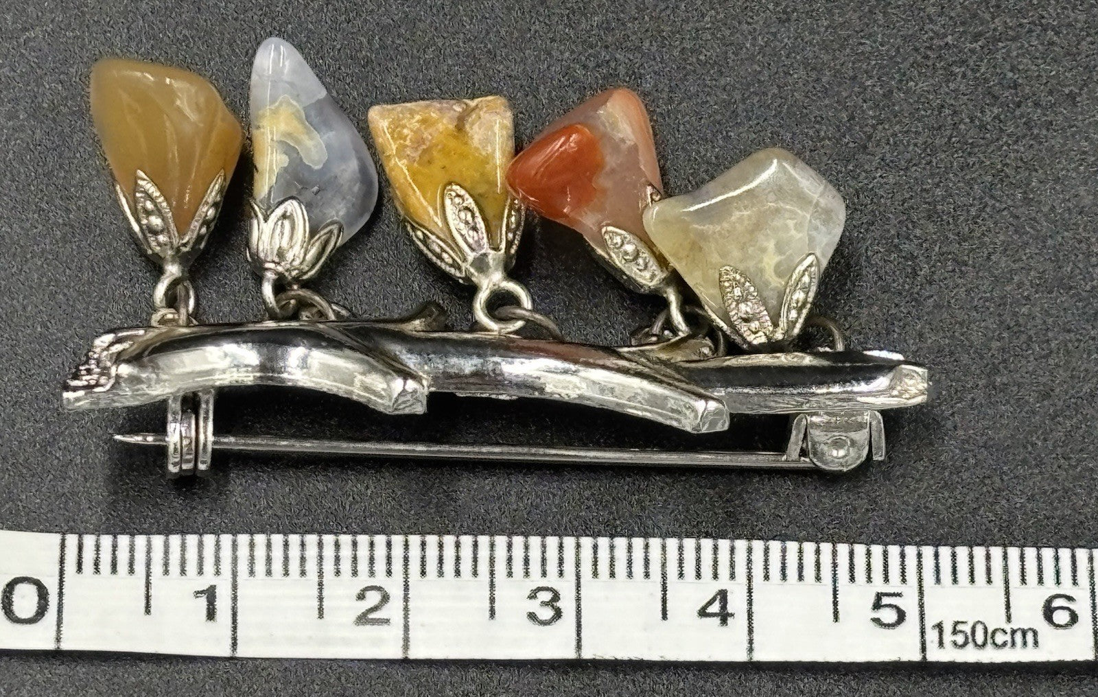 Vtg Silver Tone Branch Multiple Agate Gem Stones Dangling Brooch Signed