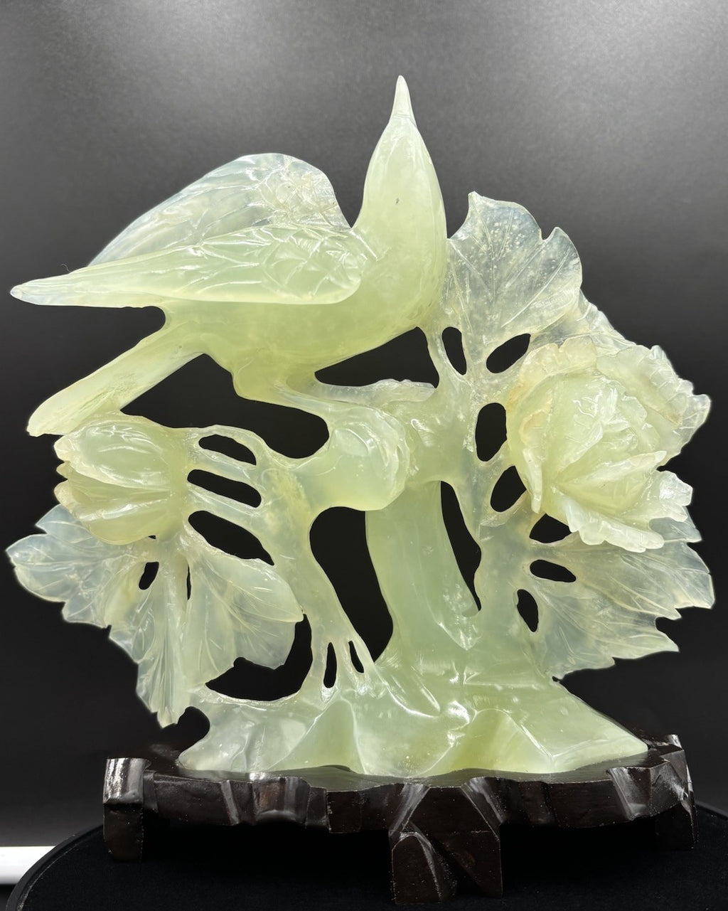 Large Chinese Jadeite Jade Bird Floral Carving Hand Carved Display Sculpture