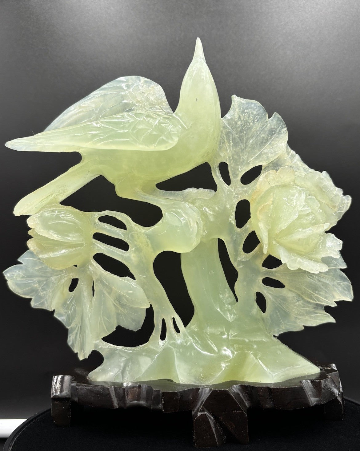 Large Chinese Jadeite Jade Bird Floral Carving Hand Carved Display Sculpture