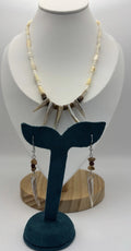 Vintage Tribal Style Necklace & Earrings Set Natural Shell & Wood Beads