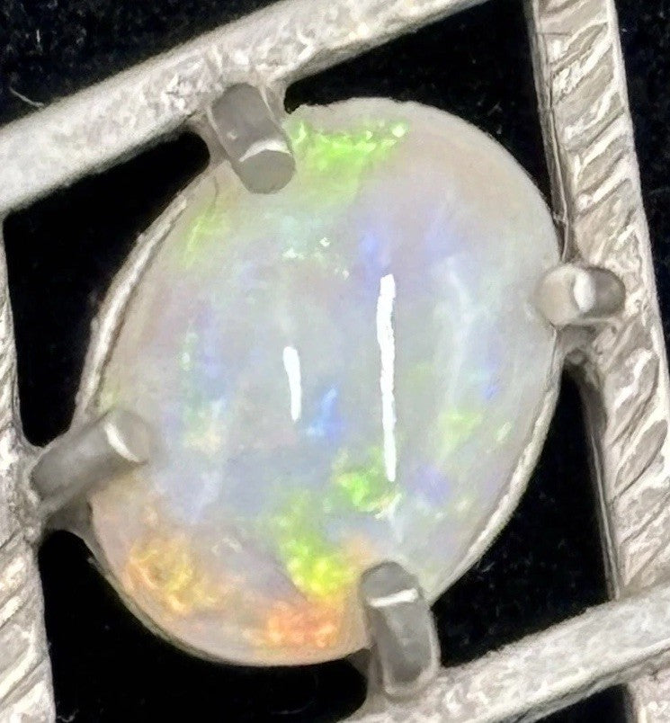 Vintage Sterling Silver Natural Opal Pendant Crystal Opal Multi Fire Cabochon