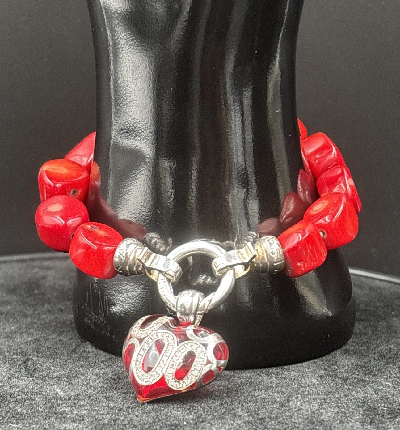 Kagi Red Bamboo Coral Silver Bracelet With A Silver Love Heart Charm