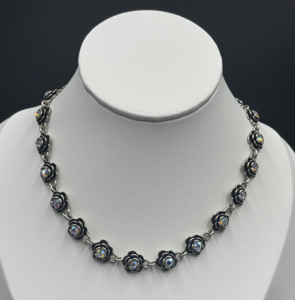 Premier Designs AB Rose Necklace Black Enamel Sparkle, Vintage Glam