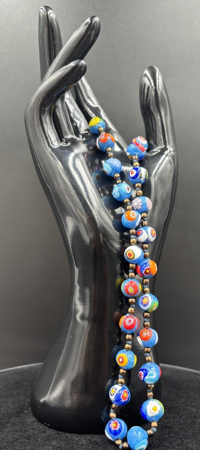 Vintage Murano Millefiori Glass Necklace Blue Beads Venetian 1950s Italy