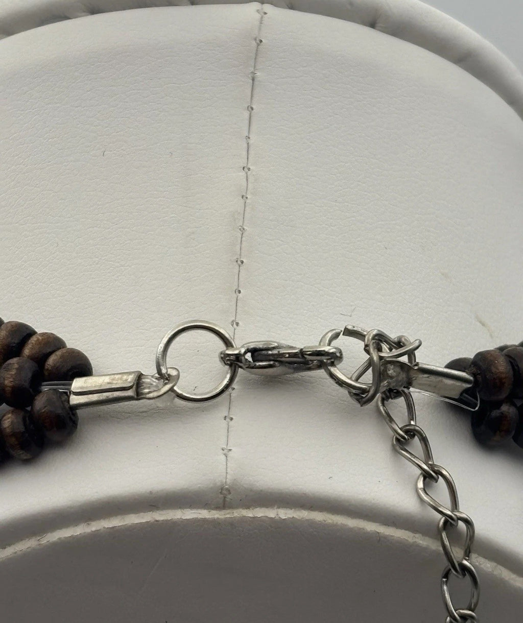 Vintage Tribal Necklace Mother of Pearl Crescent Pendant Wood Beads