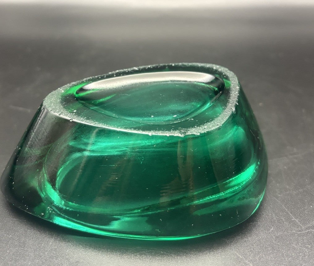 Vintage Emerald Green Art Glass Ashtray Dish Mid Century Modern Heavy