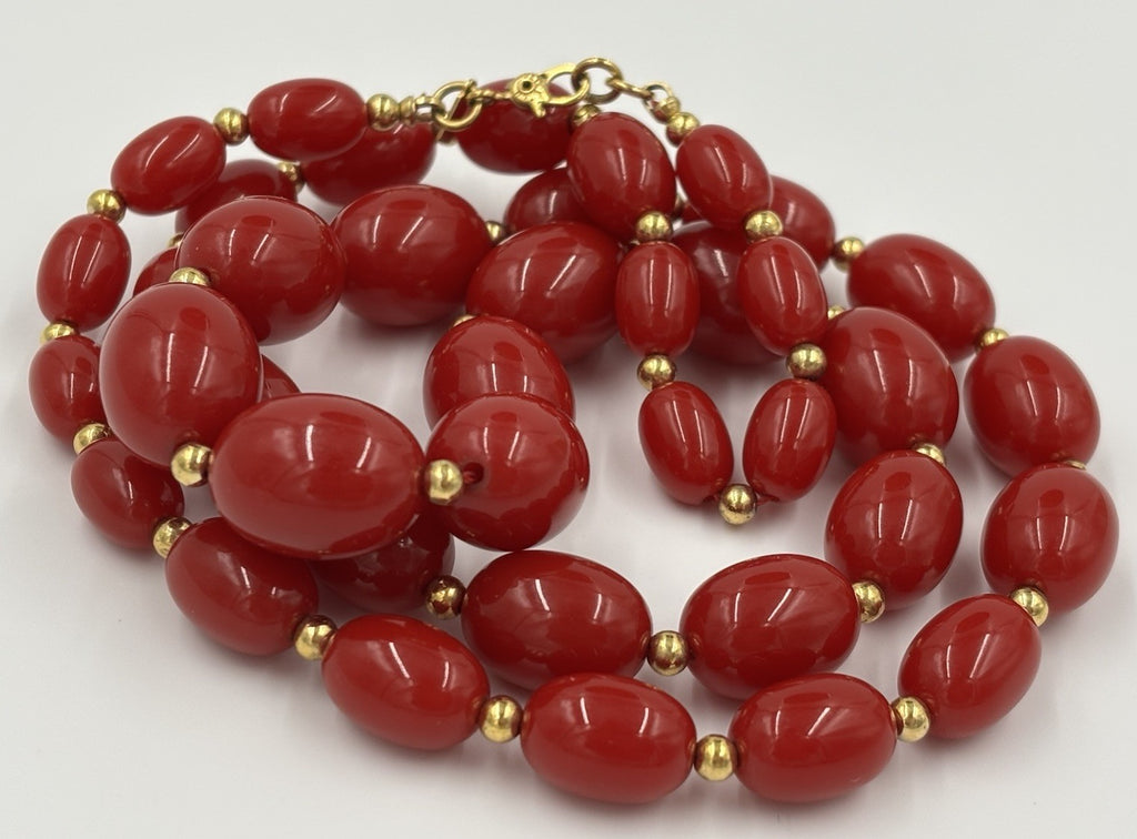 Vintage Monet Red Lucite Bead Necklace Gold Tone Signed Statement Jewelry