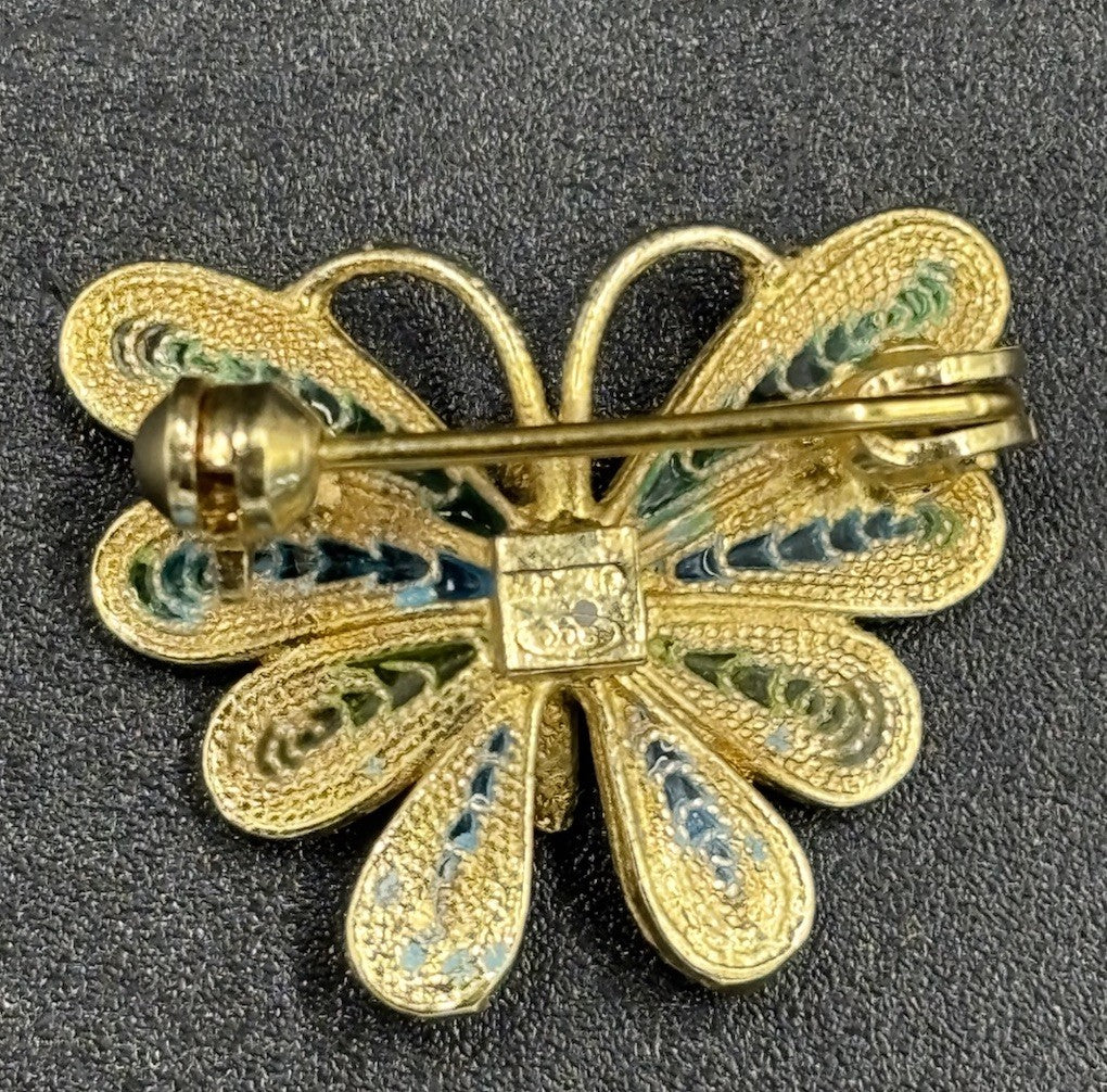 Vintage 800 Silver Enamel Butterfly Brooch Blue Green Vermeil