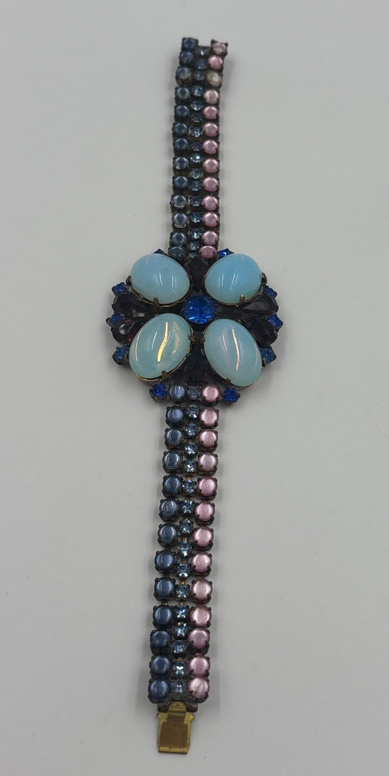 Husár D Vintage Opal Glass Rhinestone Bracelet Floral Czech Designer Jewelry