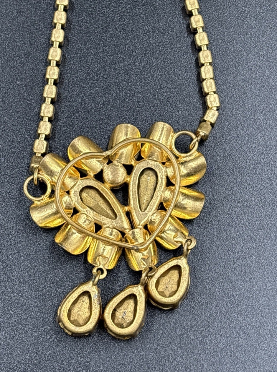 Vintage Amber Glass Rhinestone Necklace Gold Tone Mid Century Statement Jewelry