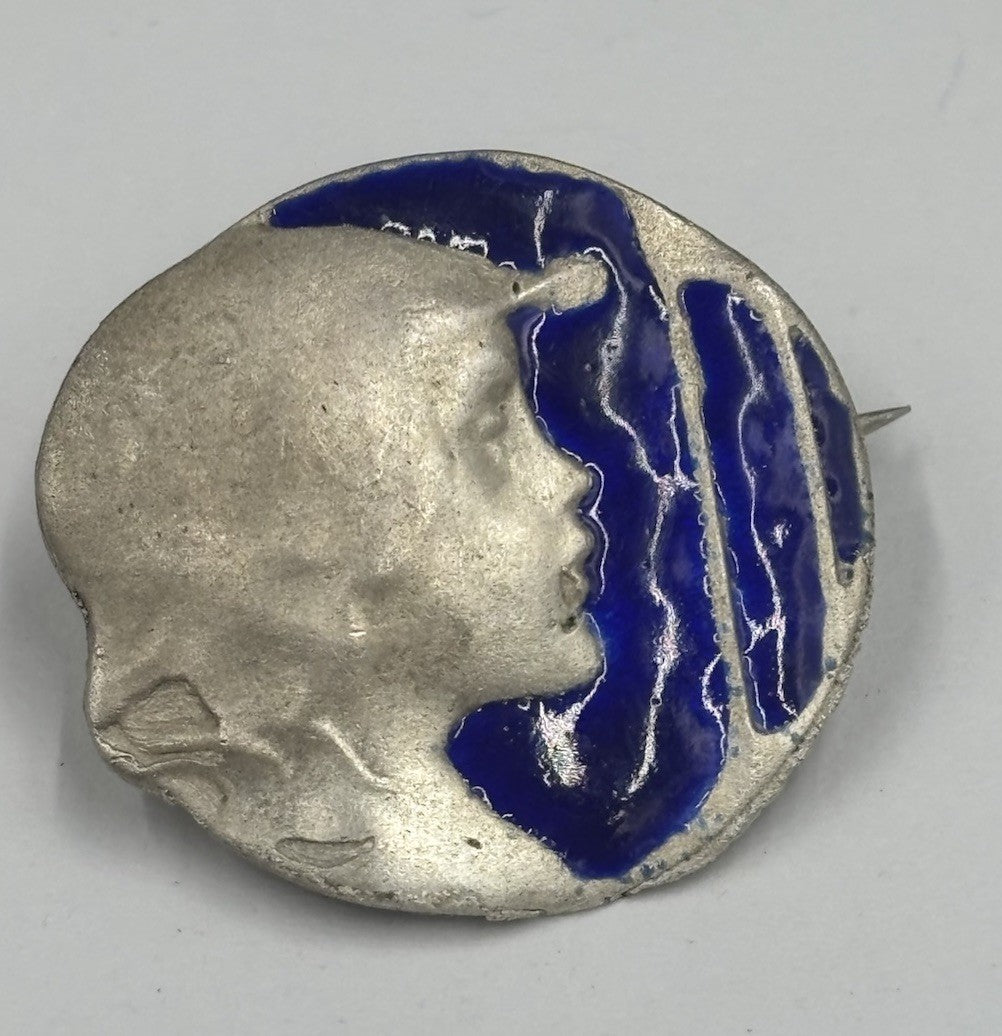 Antique Art Nouveau 800 Silver & Blue Enamel Portrait Brooch – Signed Maker