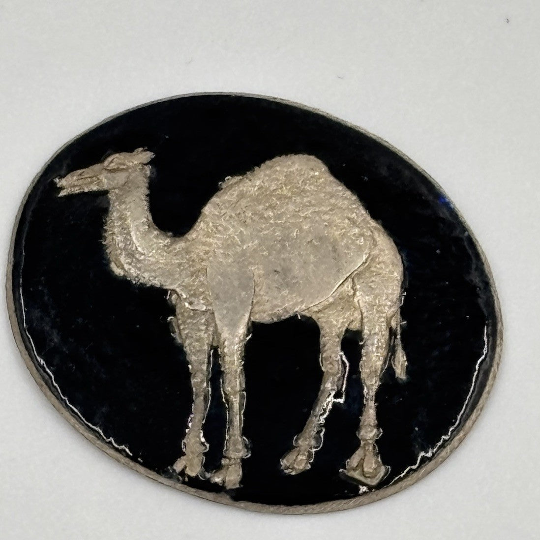 Vintage Middle Eastern Silver Black Enamel Camel Brooch Medallion Tribal Desert