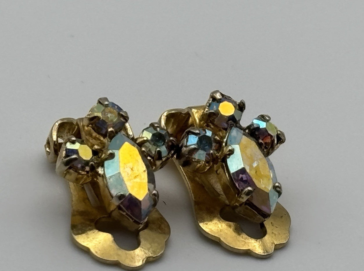 Vintage Unsigned Ice Blue Aurora Borealis Rhinestone Clip Earrings Mid Century