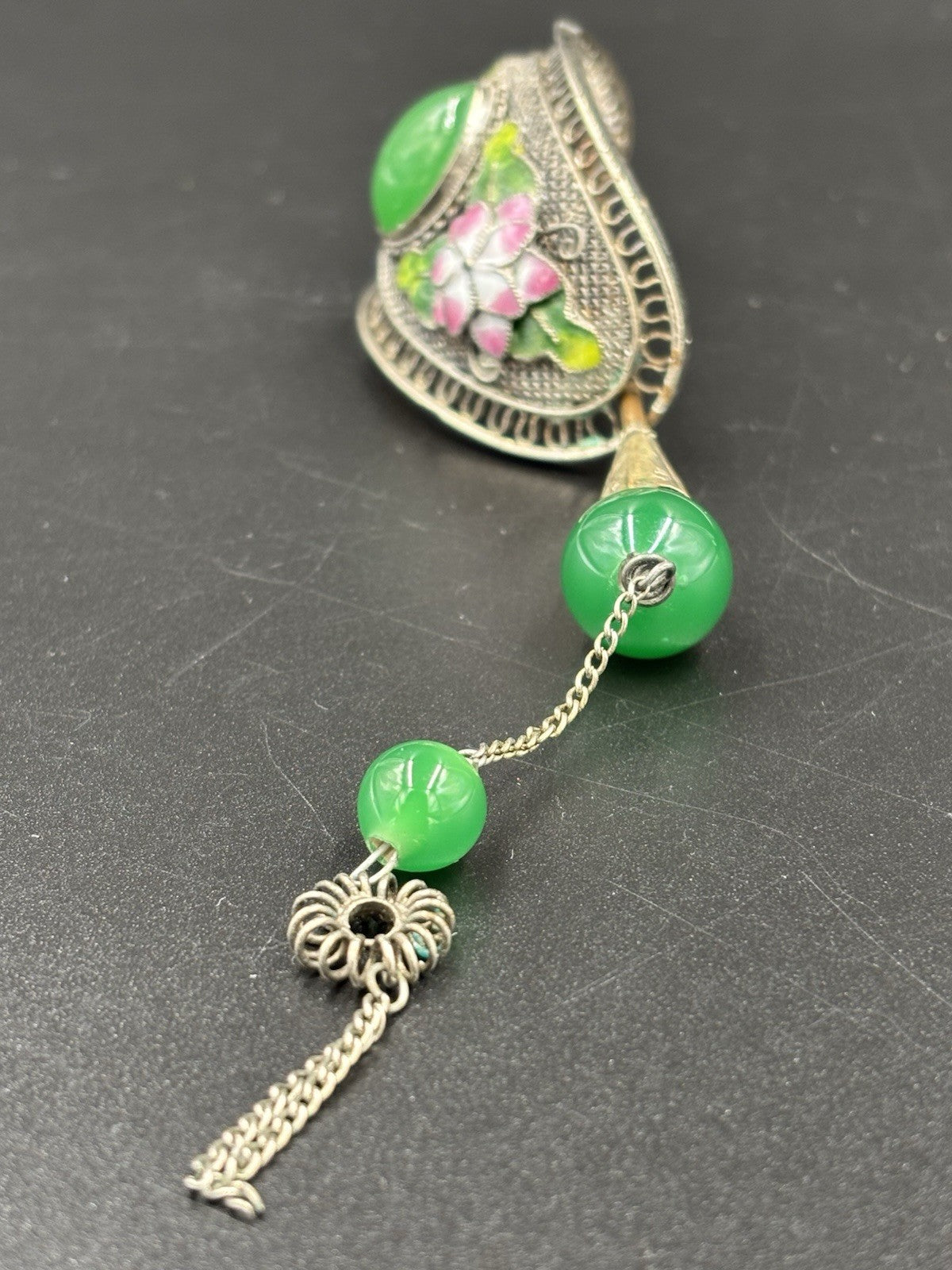 Vintage Chinese Filigree Enamel Hairpin Green Peking Glass Cabochon Beads