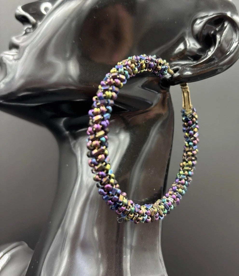 Vtg Earrings Kumihimo Beaded Peacock Earrings Large Multicoloured. ￼