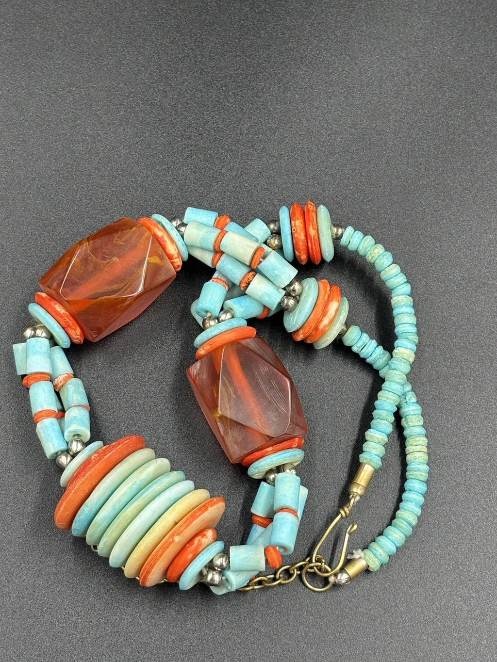 Vintage Tribal Necklace Red Resin & Turquoise Beads Statement Jewelry
