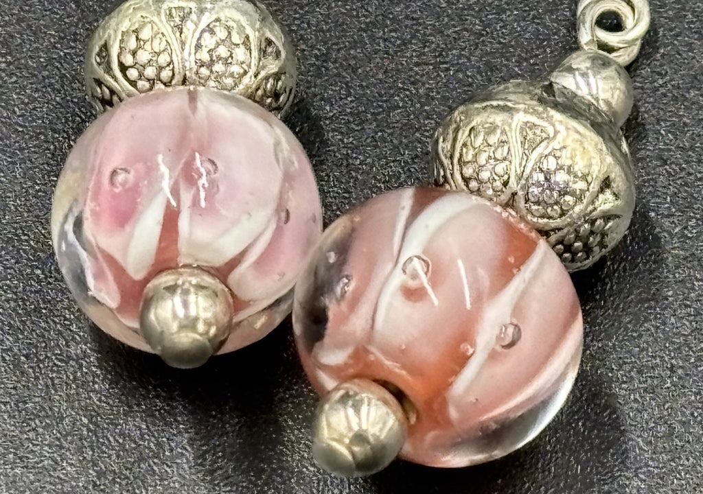 Vintage Pink Lampwork Glass Earrings Silver Tone Filigree Bead Drop