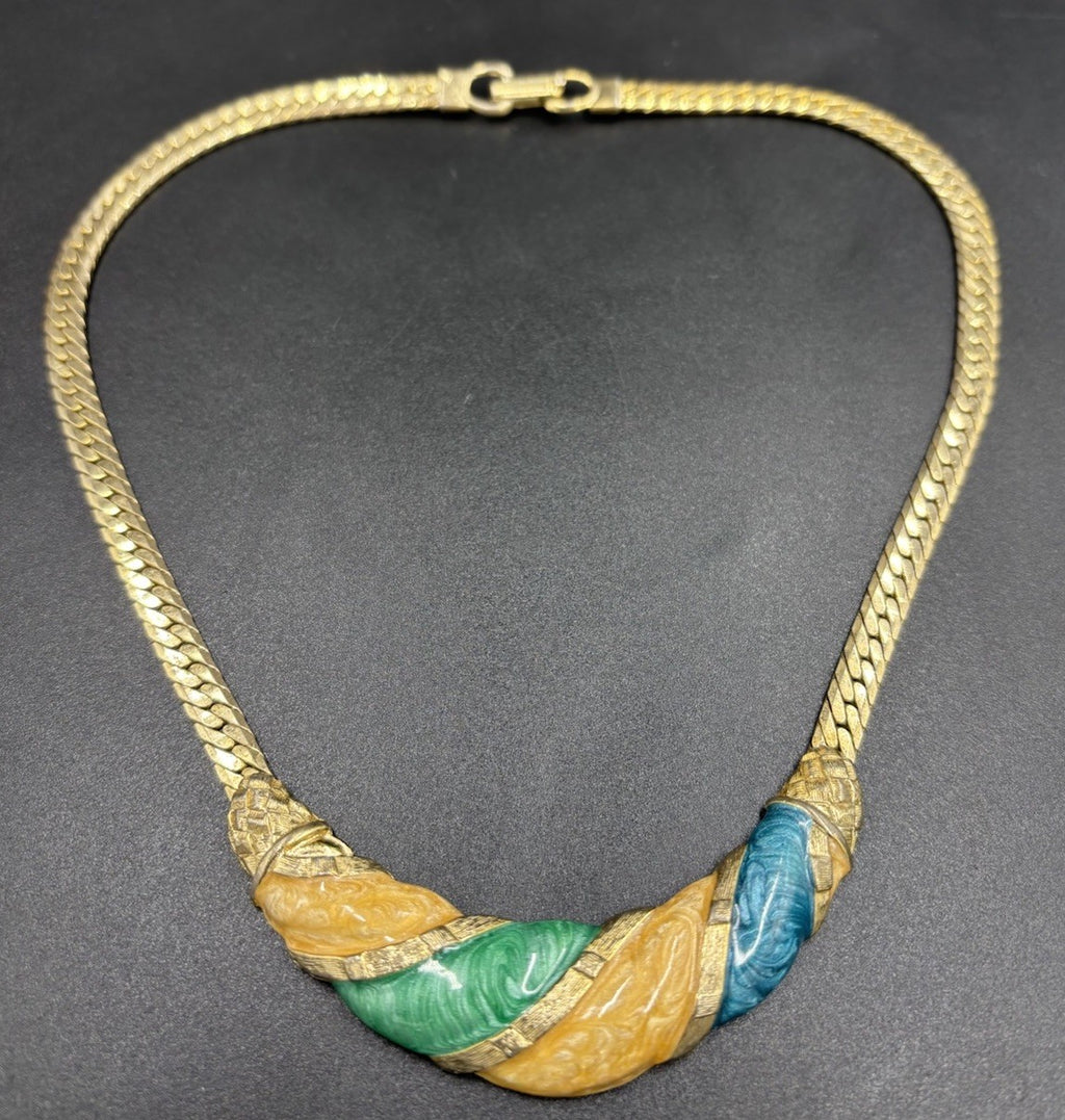 Vintage 1980s Statement Necklace Gold Tone Green Blue Amber Chunky Retro