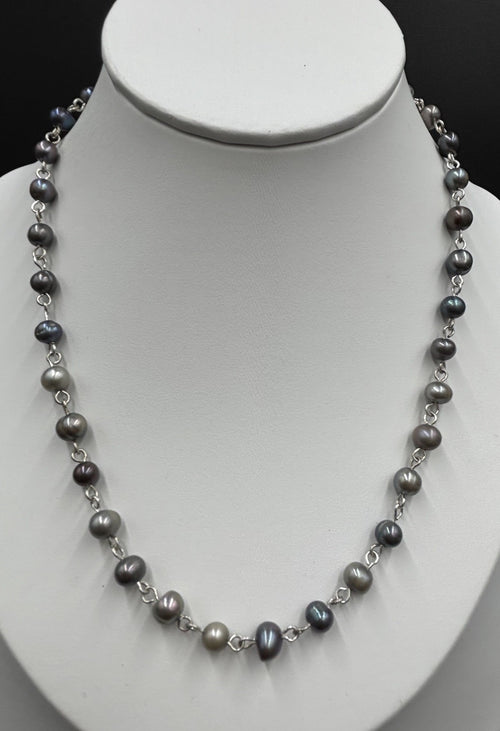 Genuine freshwater pearl necklace multi grey hand linked cultured pearls 43cm