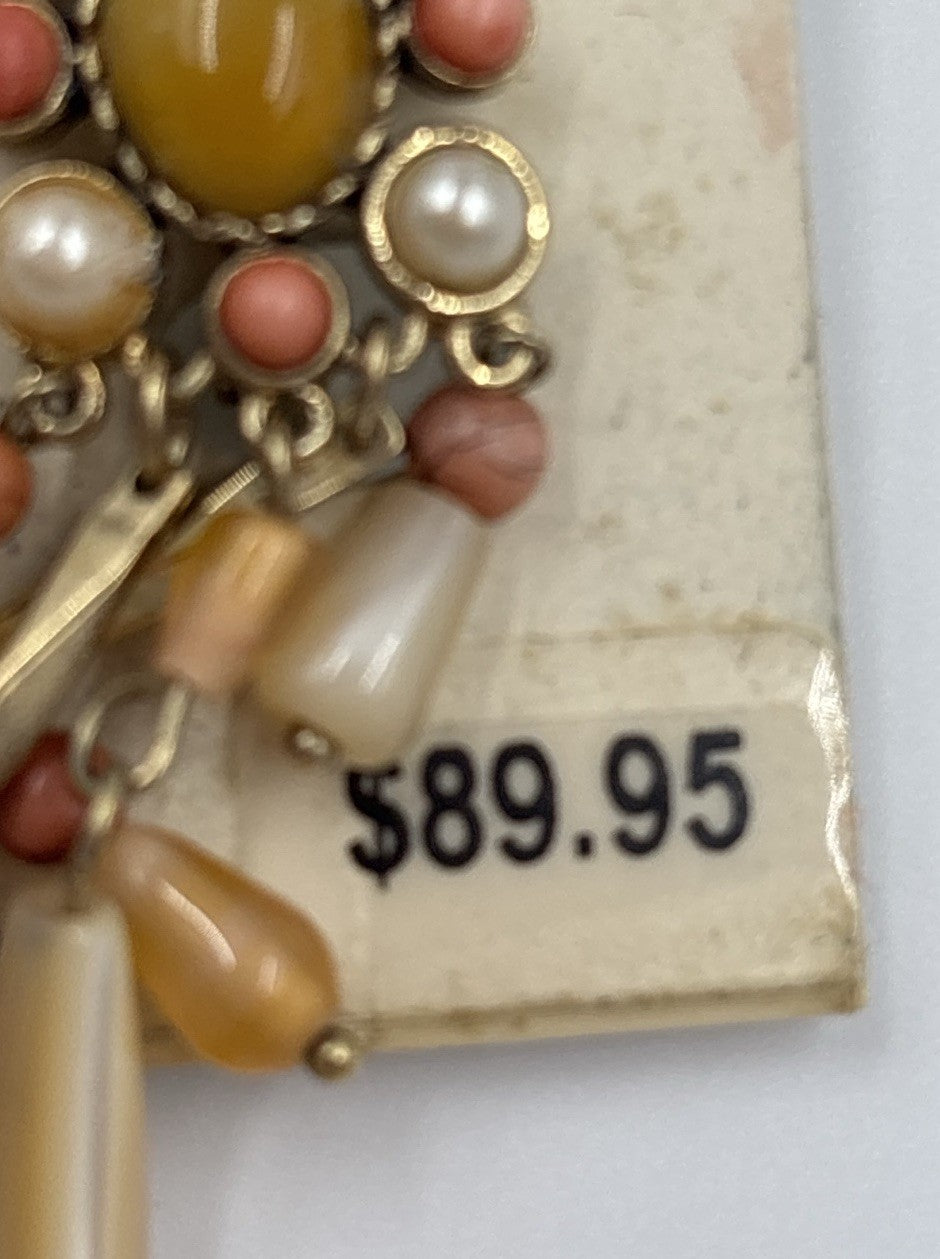 Vintage Monet Chandelier Earrings Clip On Faux Pearl Coral Beads 1980s NOS Card