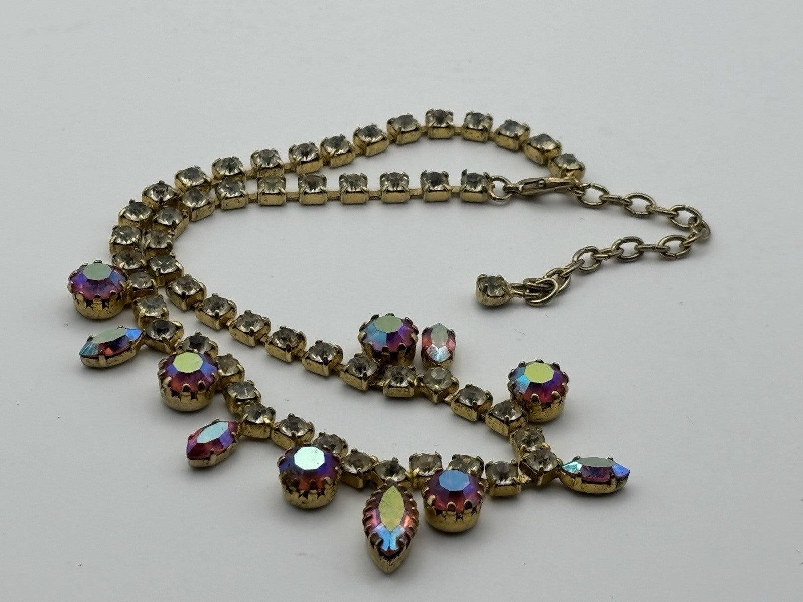 Vintage 1950s Aurora Borealis Rhinestone Choker Necklace Gold Tone Crystal Drops