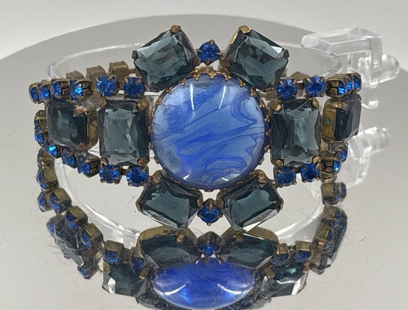 Vintage Czech Blue Glass Rhinestone Bracelet Swirled Cabochon Statement