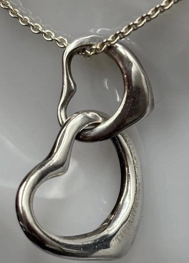 Tiffany Elsa Peretti Sterling Silver Large Double Open Heart Pendant Necklace