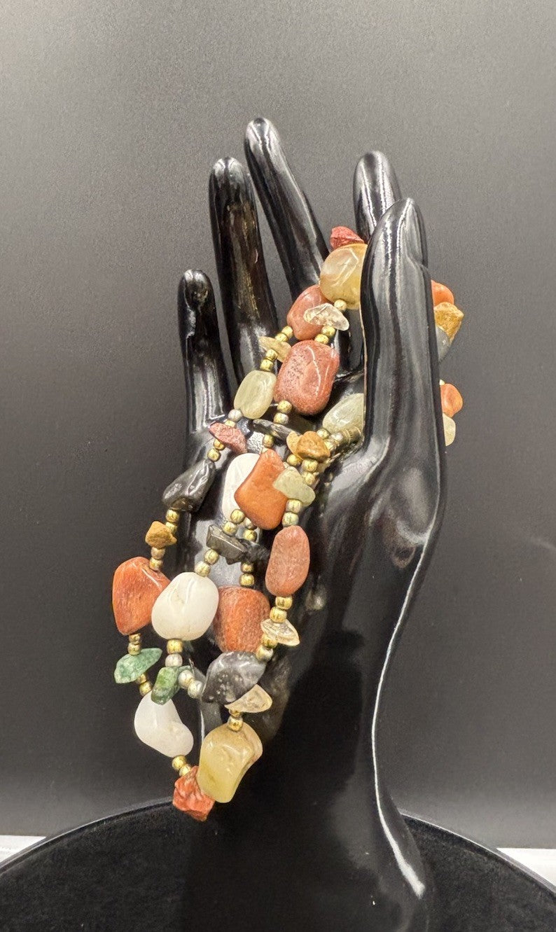 Vintage Gemstone Nugget Bead Necklace Quartz Jasper Agate Aventurine 70s Boho