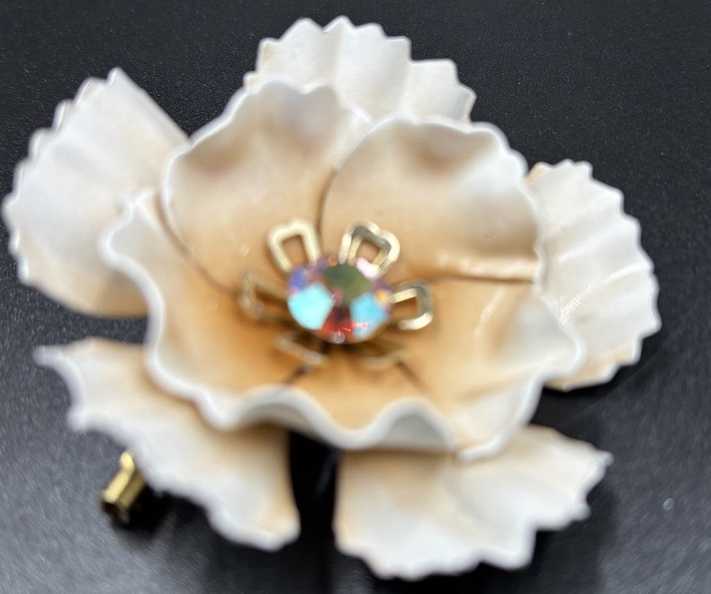 Vintage Blush Peach White Enamel Layered Metal Flower Brooch AB Rhinestone