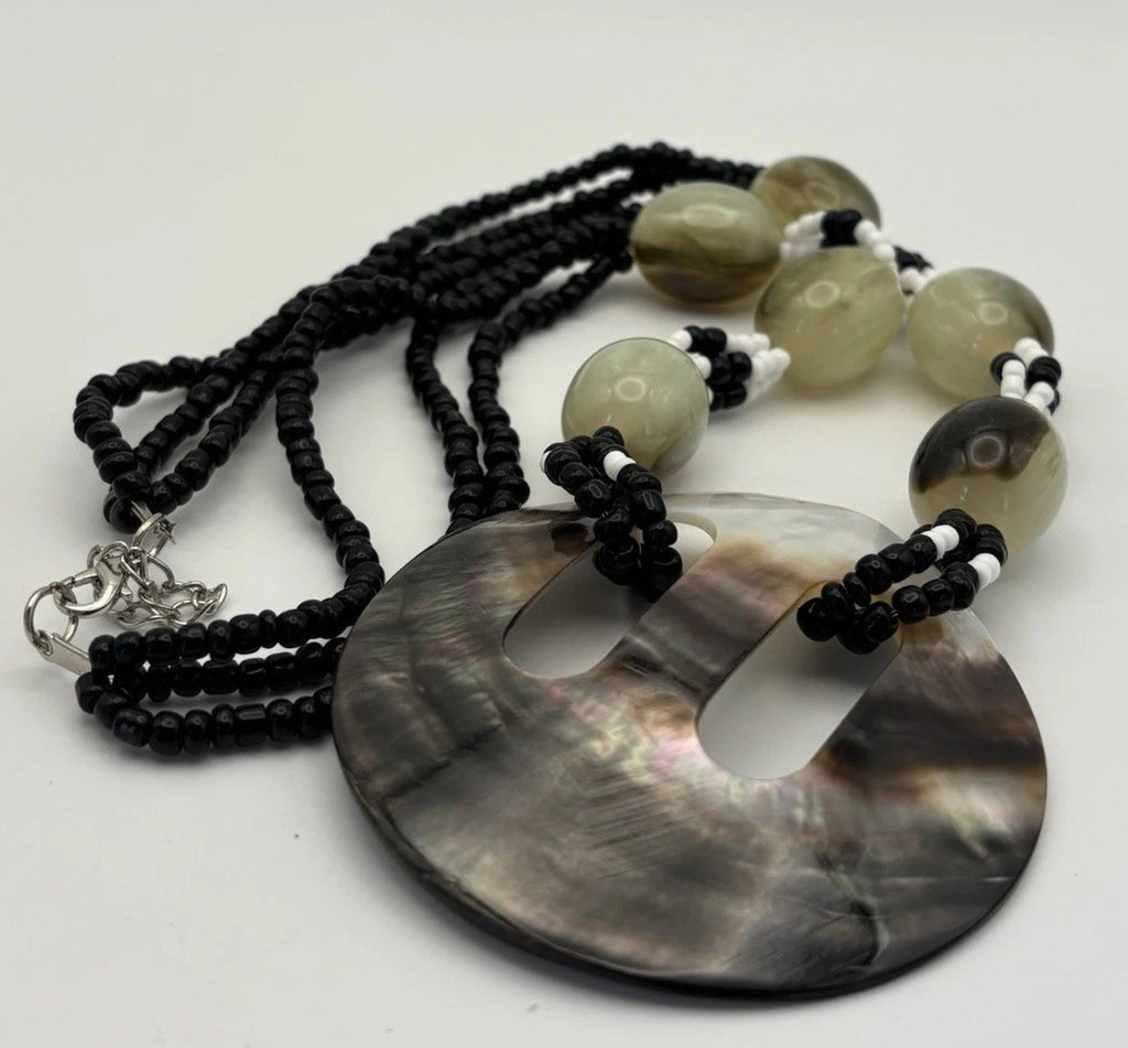 Vintage Shell Pendant Necklace Black White Beads Horn Style Tribal Jewelry