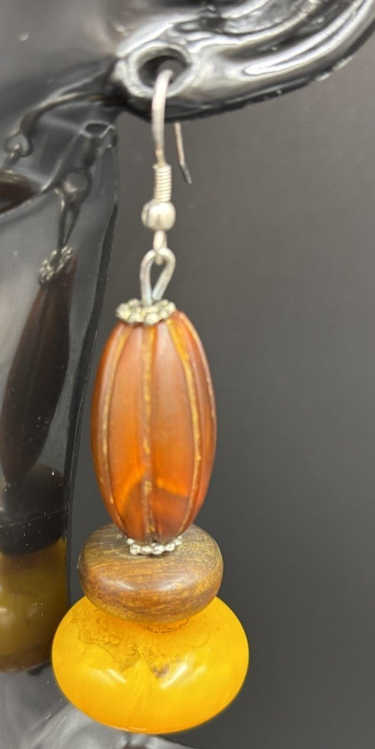 Vintage Casein Egg Yolk Earrings Chunky Marbled Butterscotch Tribal Boho Dangle