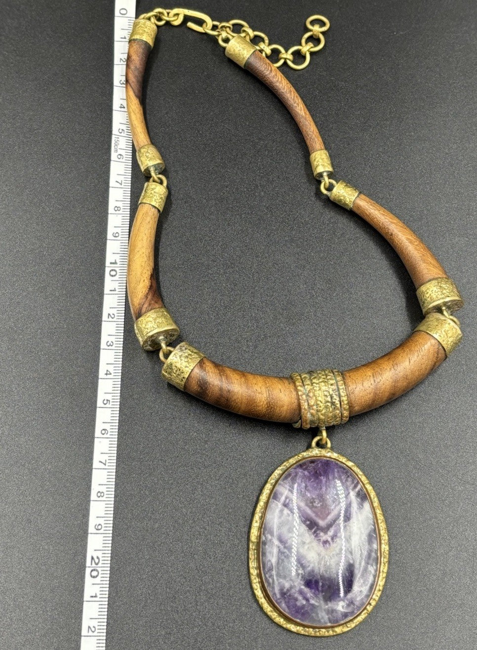Amethyst Pendant Silver Tone  Wooden Gold Accents Necklace, Handmade “Large”