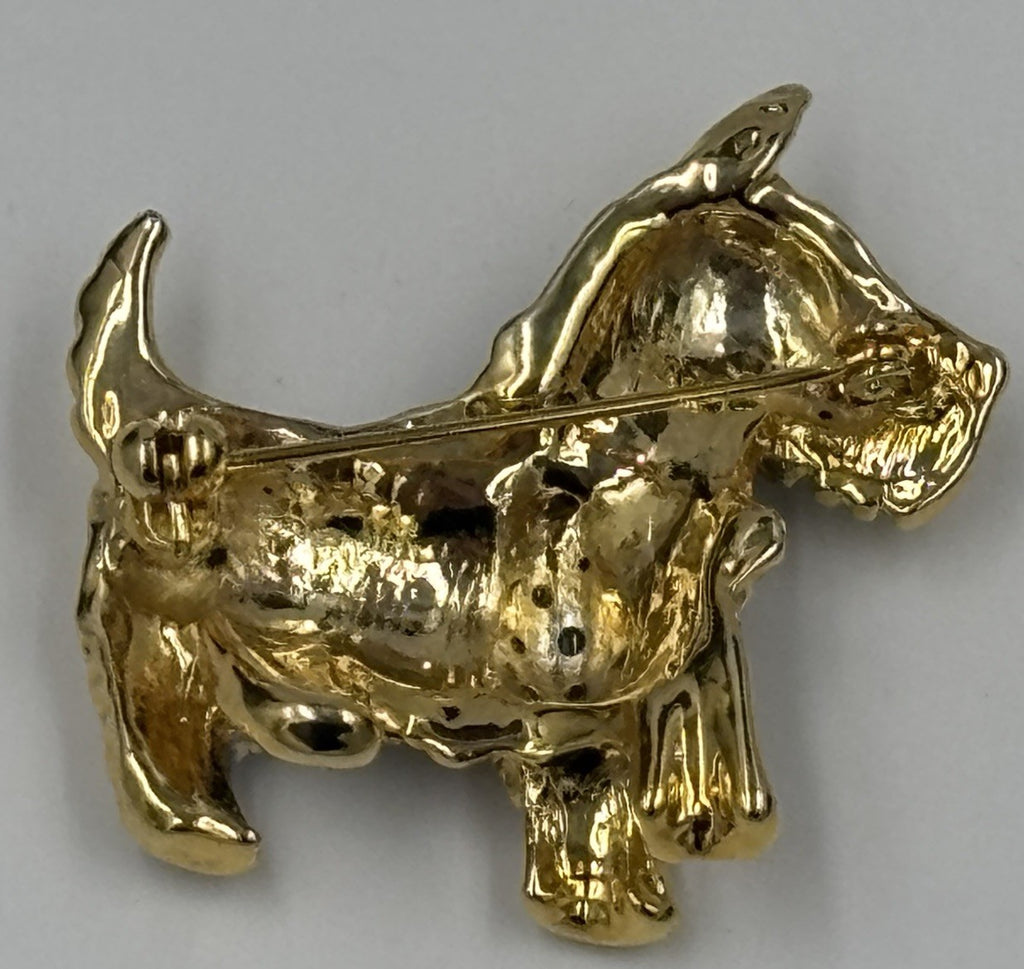 Vintage Crystal Terrier Dog Brooch Gold Tone Blue Enamel 3.5cm